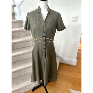 Vintage 90s Sheri Martin Cottage Olive Green Linen Wooded Beaded Shirt Dress